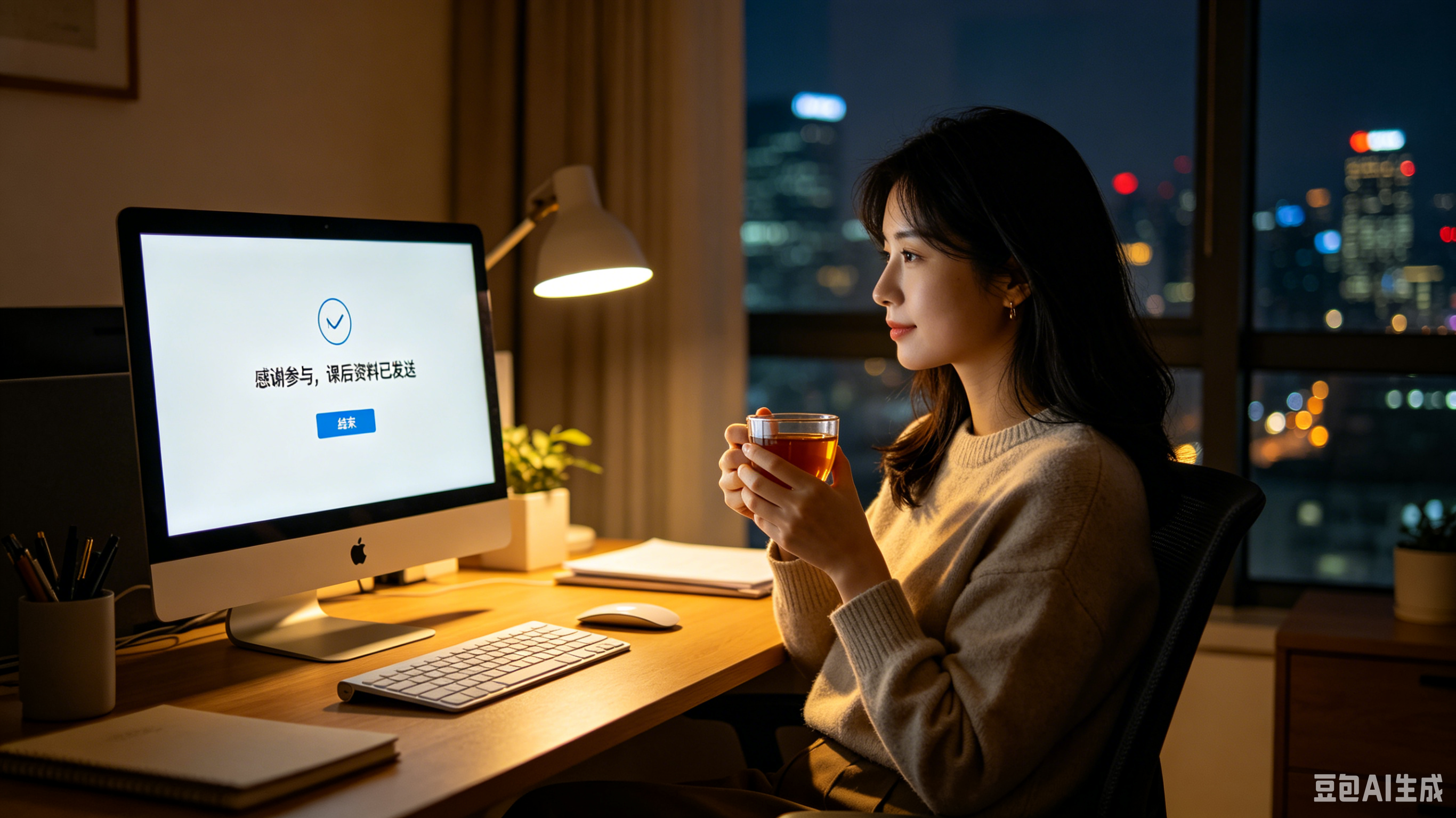 一位女性在办公室内,坐在桌前,桌上摆放着电脑、键盘、鼠标等办公用品,桌上还有一杯饮料