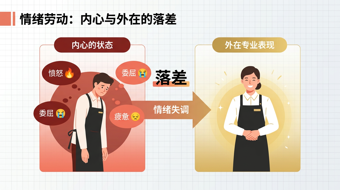 图片以“情绪劳动：内心与外在的落差”为标题，展示了情绪劳动的机制