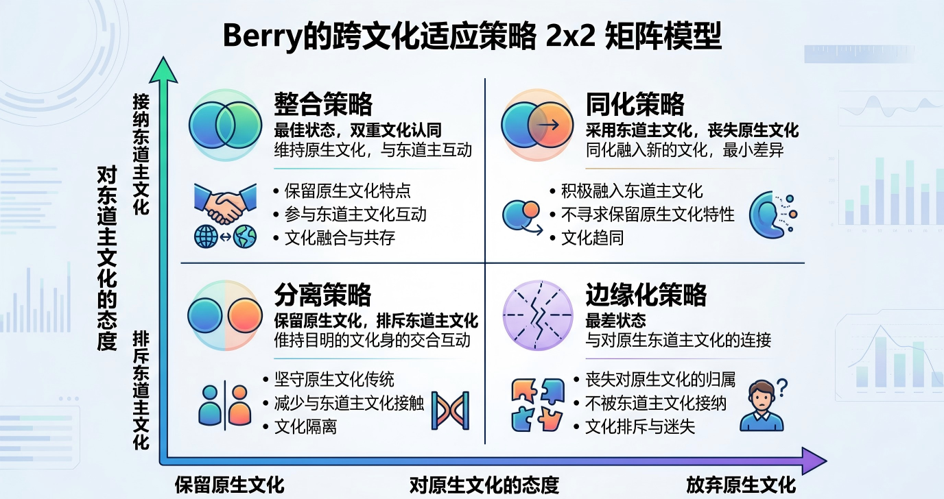 图片是Berry在197年提出的跨文化适应策略2x2矩阵模型图