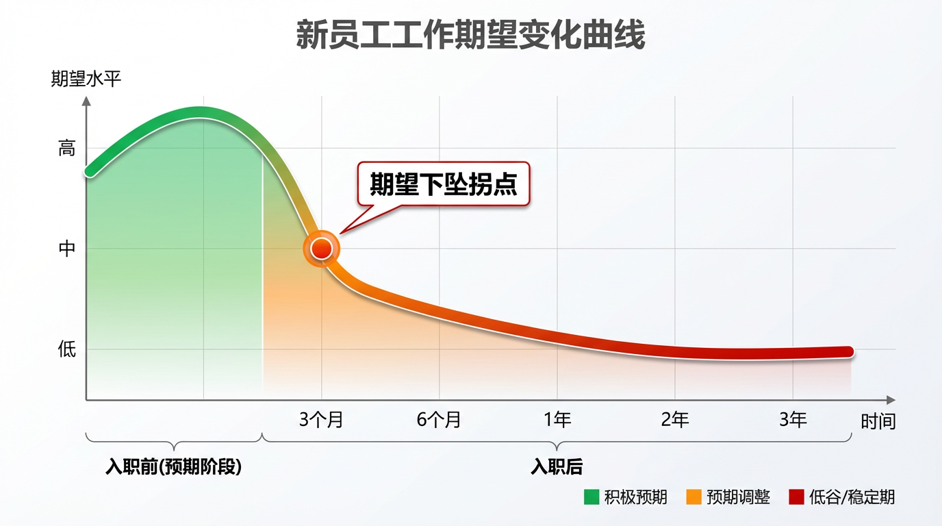“新员工工作期望变化曲线图”，横轴为时间，从入职前的预期阶段到入职后的不同时间点，纵轴为期望水平