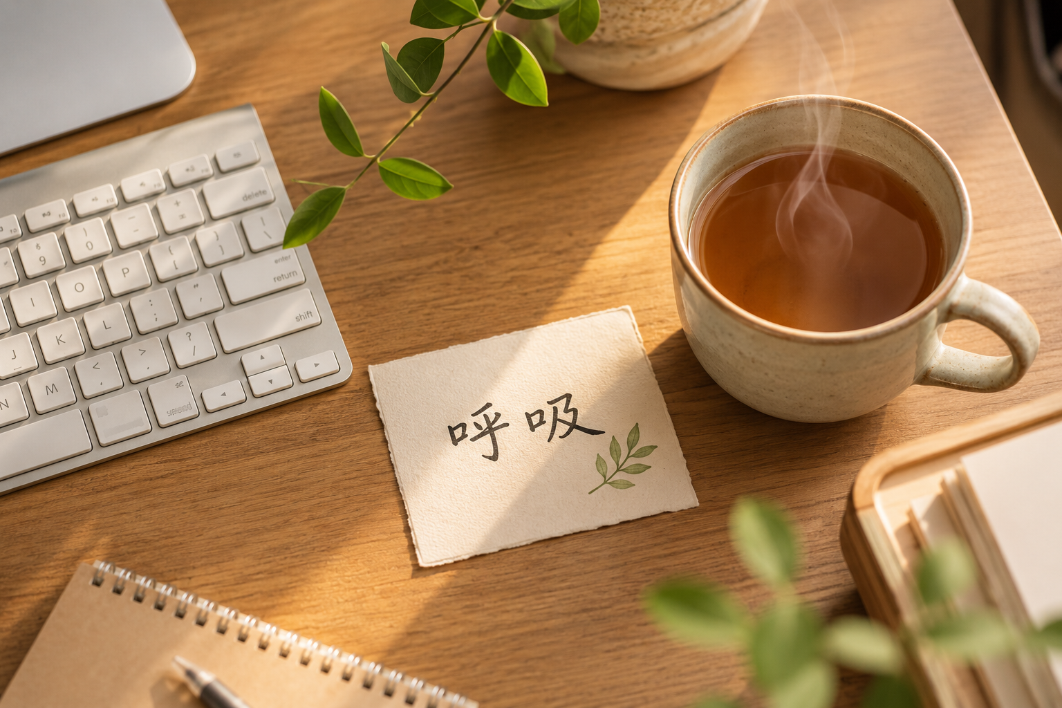 办公桌上的呼吸提示卡、热饮与绿植