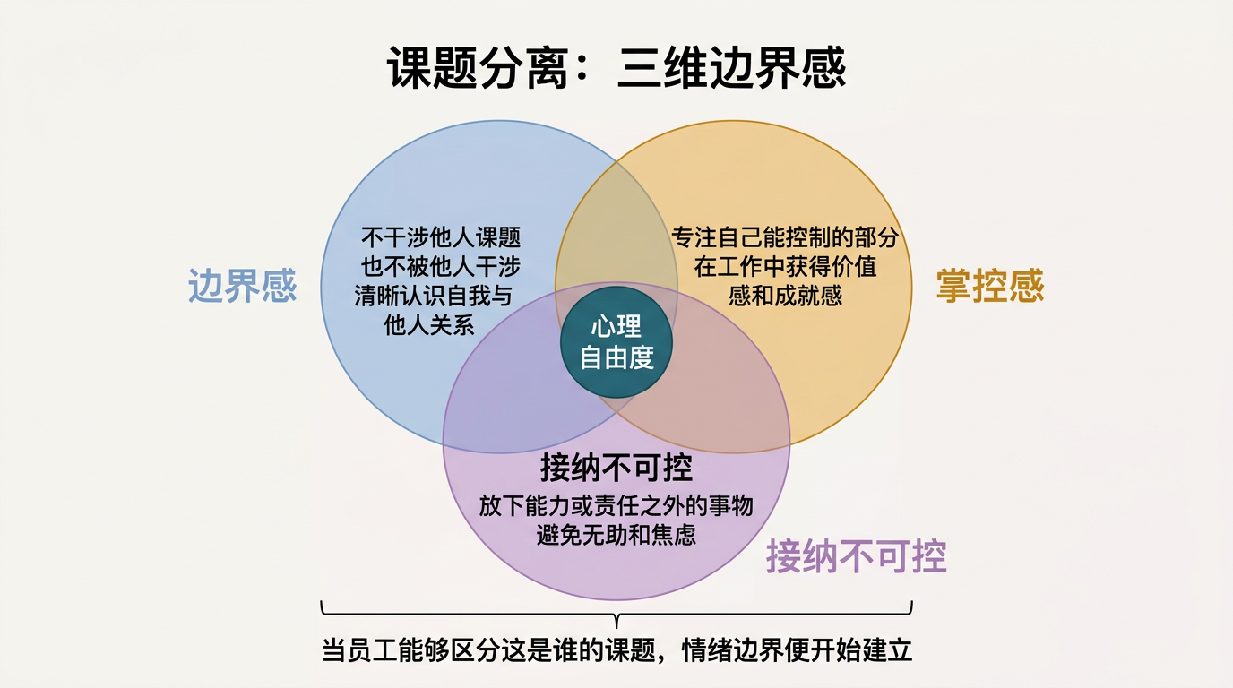 “课题分离：三维边界感”概念图，分为边界感、掌控感和接纳不可控三个部分