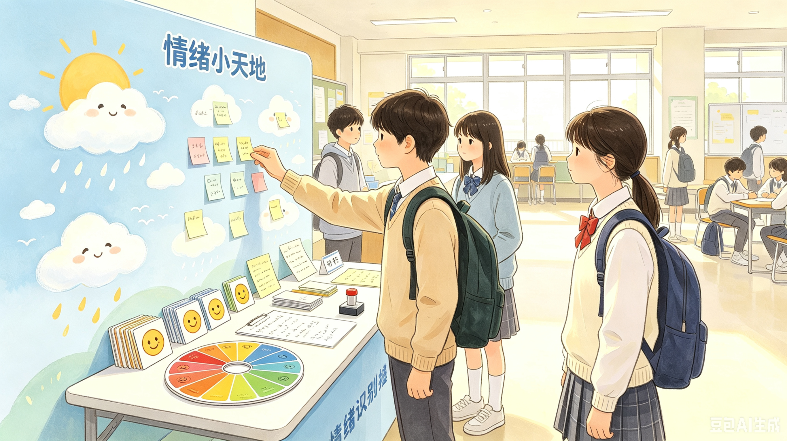这张图呈现了学校教室场景里的“情绪小天地”互动活动，属于心理科普市集的情绪识别相关设计