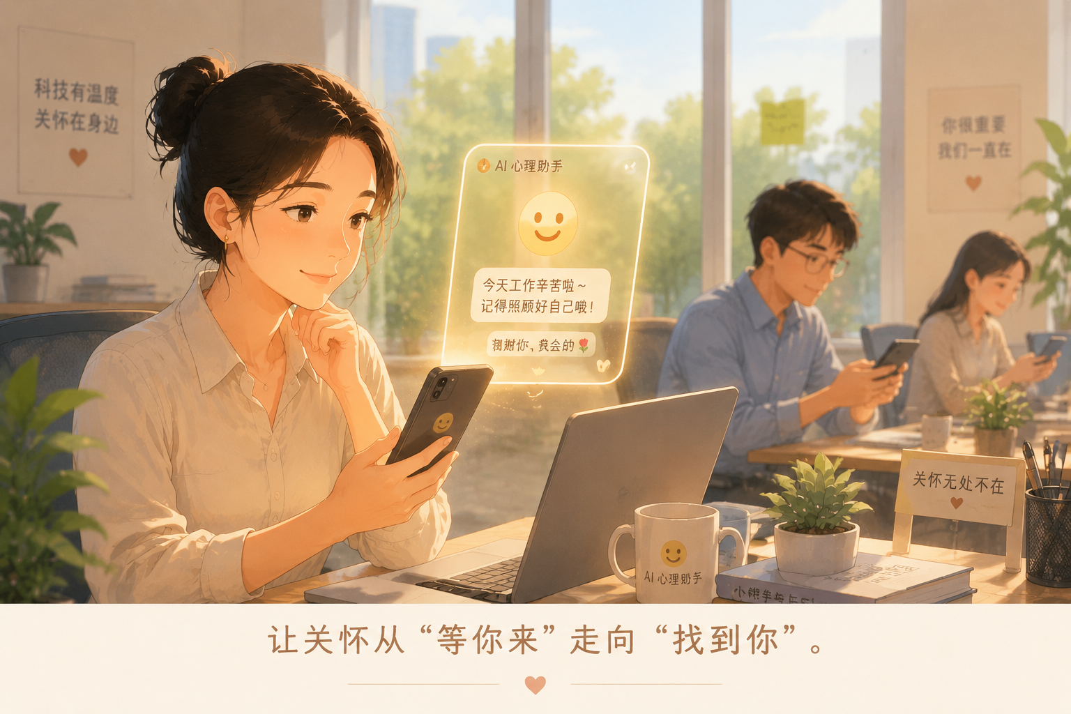 这张图片呈现了一个充满关怀氛围的办公场景,体现了AI支持EAP服务的价值