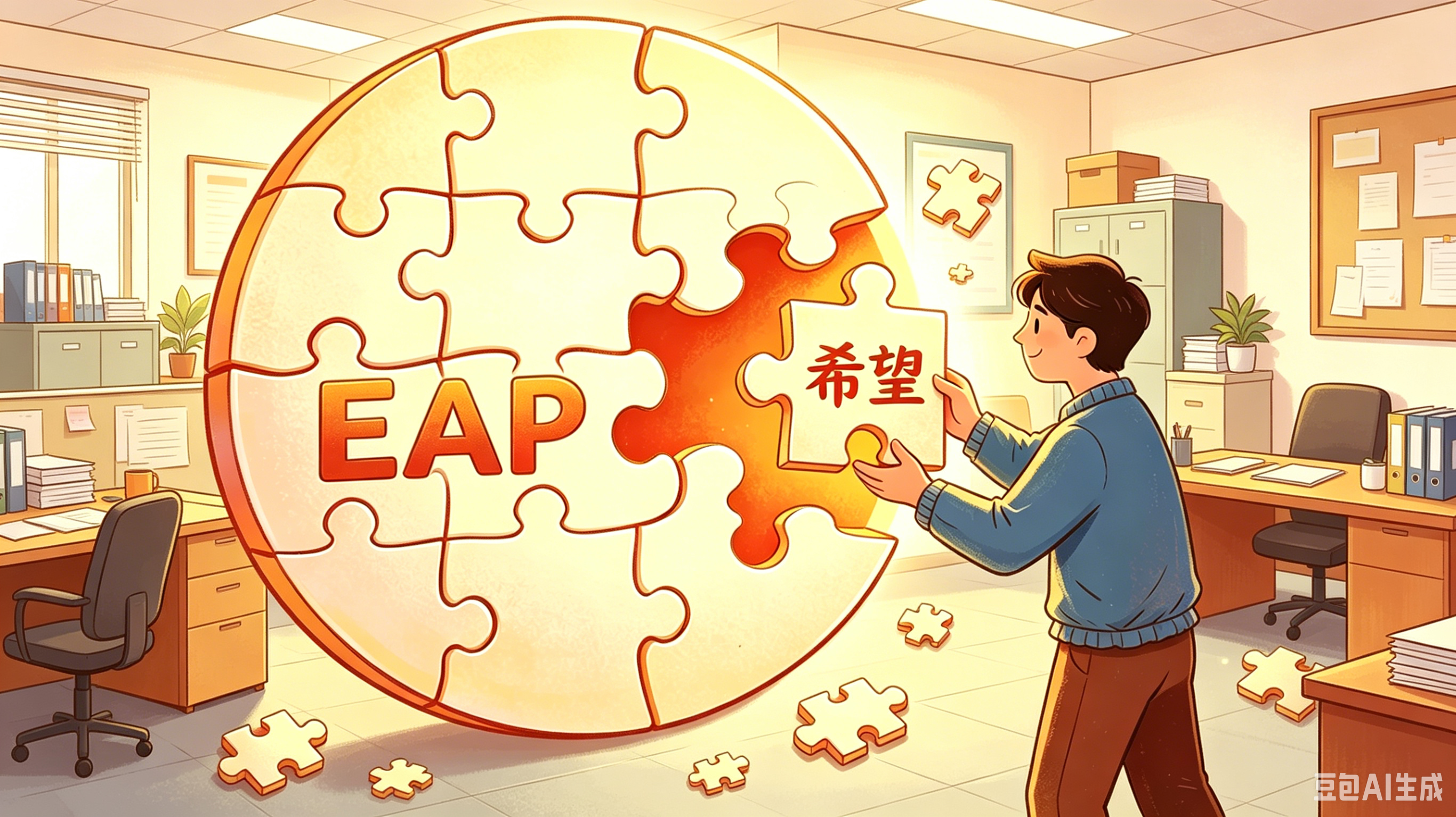 一位男子在办公室里拼接拼图，拼图中心是“EAP”字样，周围散落着其他拼图碎片