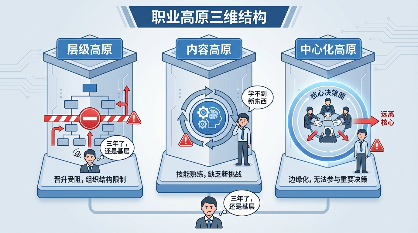 职业高原的三维结构，包括层级高原、内容高原和中心化高原