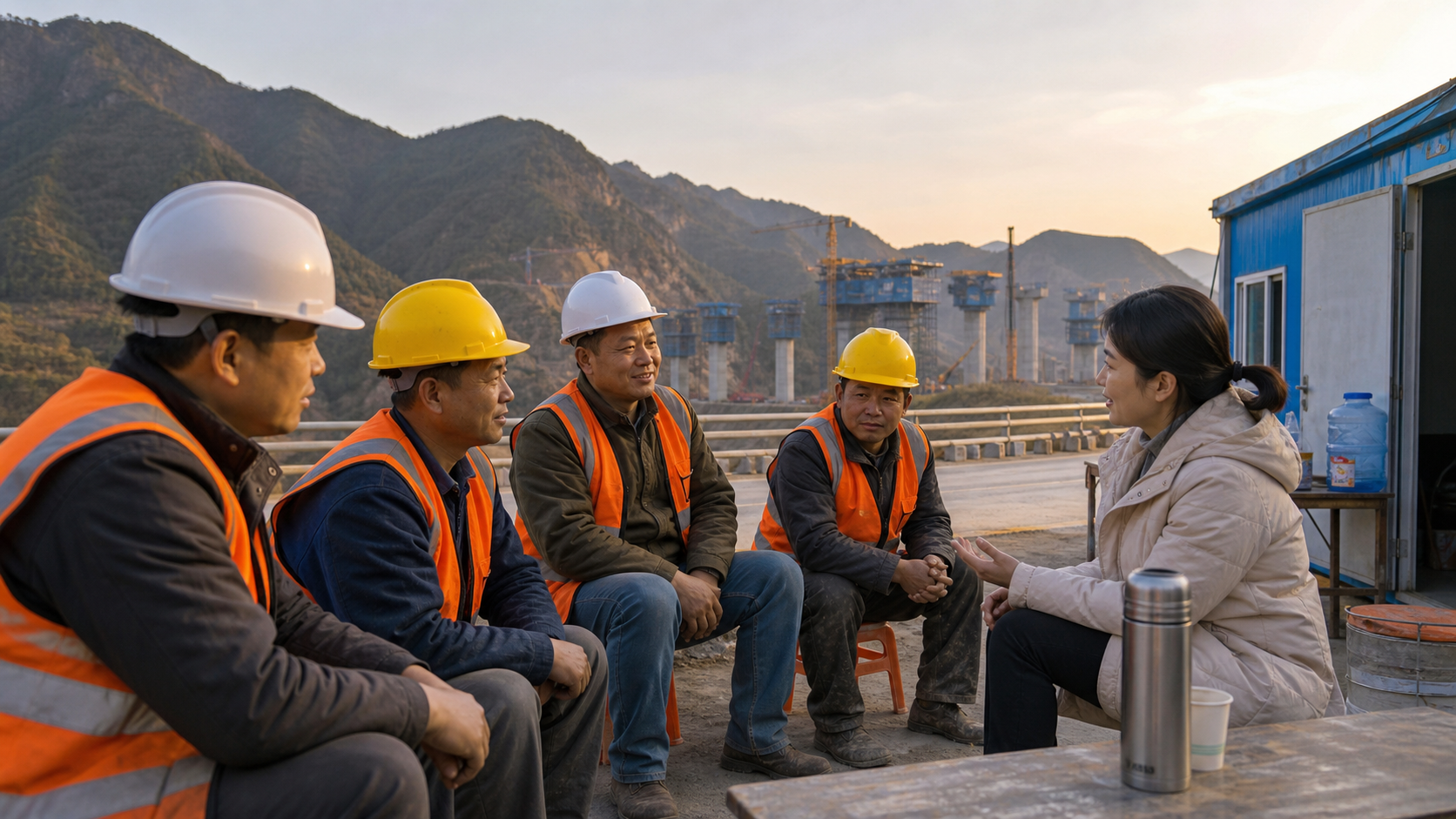 偏远山区交通建设现场,戴安全帽的施工人员在休息时与心理顾问围坐交流