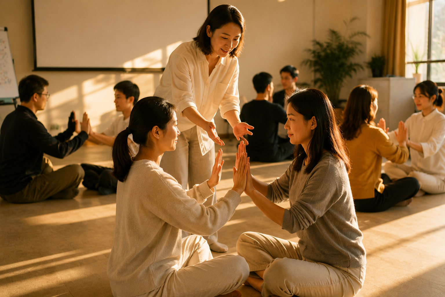 员工在引导师带领下进行镜像动作练习